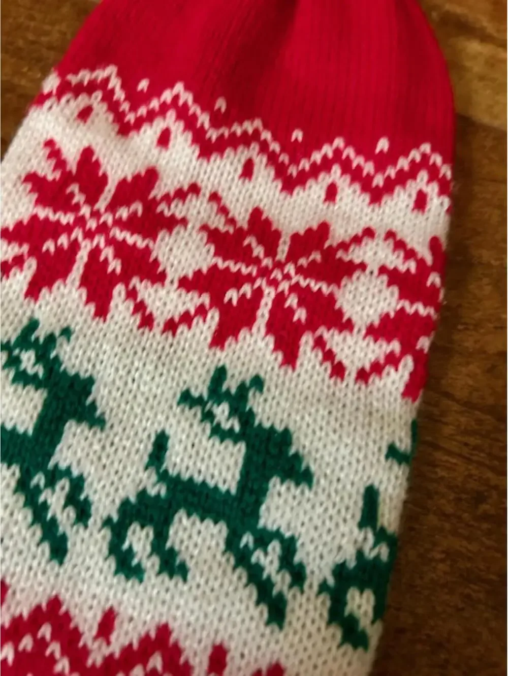 Knitted Christmas Wine Bottle Cover with Reindeer and Snowflake Design